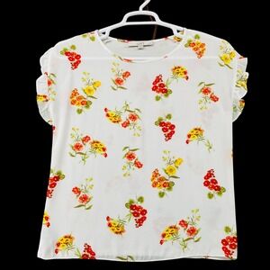 LOFT White Floral Ruffle Sleeve Mixed Media Top Red Yellow Orange SP Petite